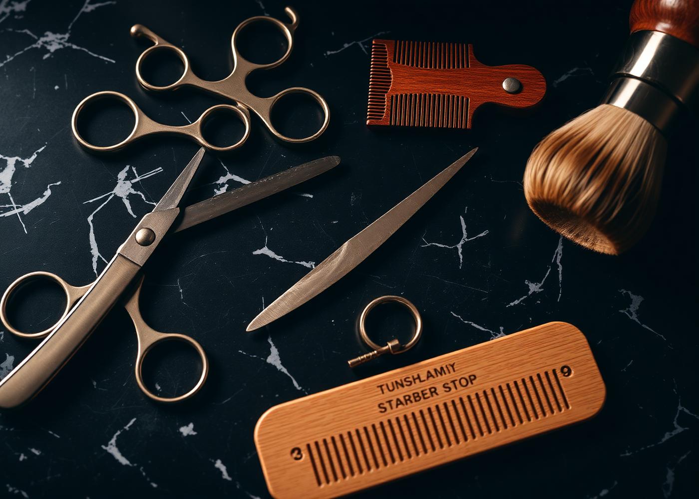 Barber tools on dark marble
